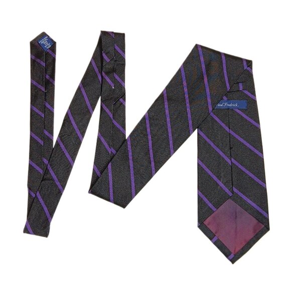 Paul Fredrick Silk Repp Tie Men’s 57” Black Purple Striped Designer Wide Tie New - Picture 3 of 4